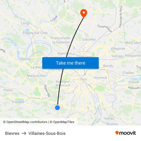Bievres to Villaines-Sous-Bois map
