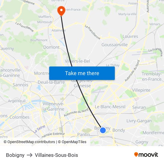 Bobigny to Villaines-Sous-Bois map