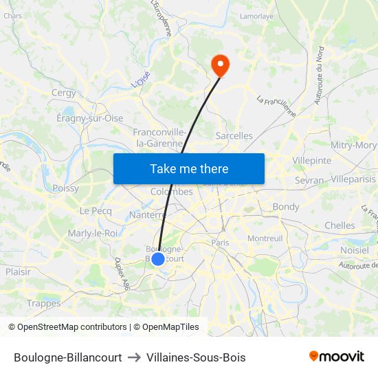 Boulogne-Billancourt to Villaines-Sous-Bois map