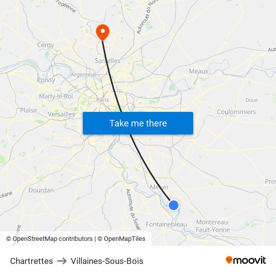 Chartrettes to Villaines-Sous-Bois map