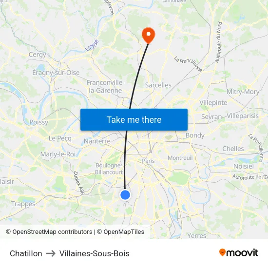 Chatillon to Villaines-Sous-Bois map