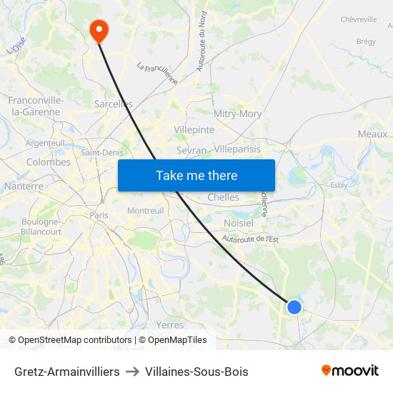 Gretz-Armainvilliers to Villaines-Sous-Bois map