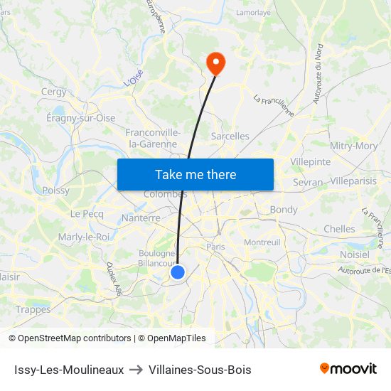 Issy-Les-Moulineaux to Villaines-Sous-Bois map