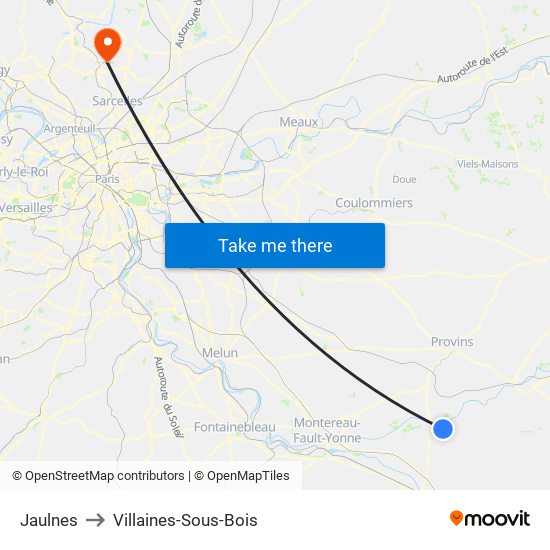 Jaulnes to Villaines-Sous-Bois map