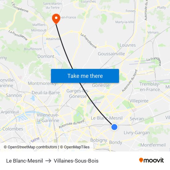 Le Blanc-Mesnil to Villaines-Sous-Bois map