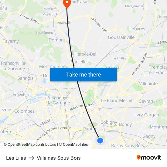 Les Lilas to Villaines-Sous-Bois map