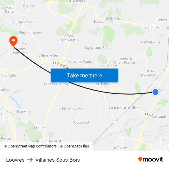 Louvres to Villaines-Sous-Bois map