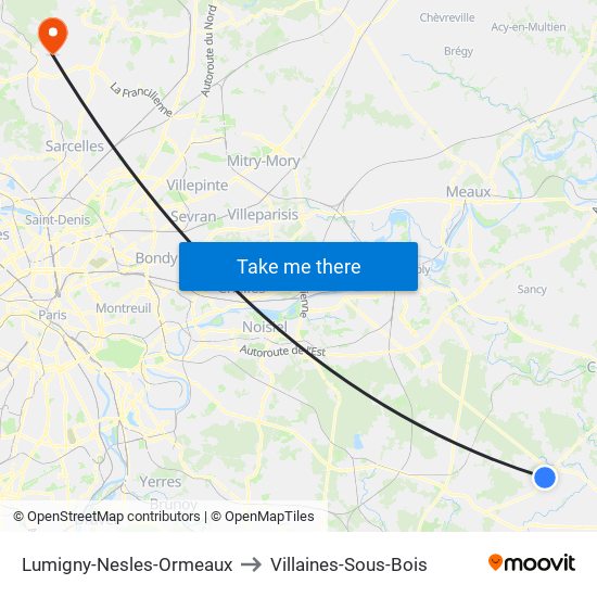 Lumigny-Nesles-Ormeaux to Villaines-Sous-Bois map