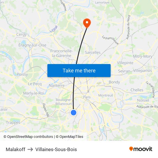 Malakoff to Villaines-Sous-Bois map