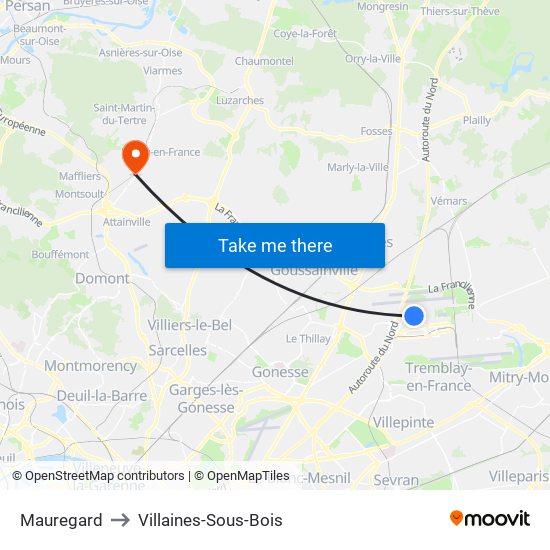 Mauregard to Villaines-Sous-Bois map