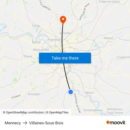 Mennecy to Villaines-Sous-Bois map