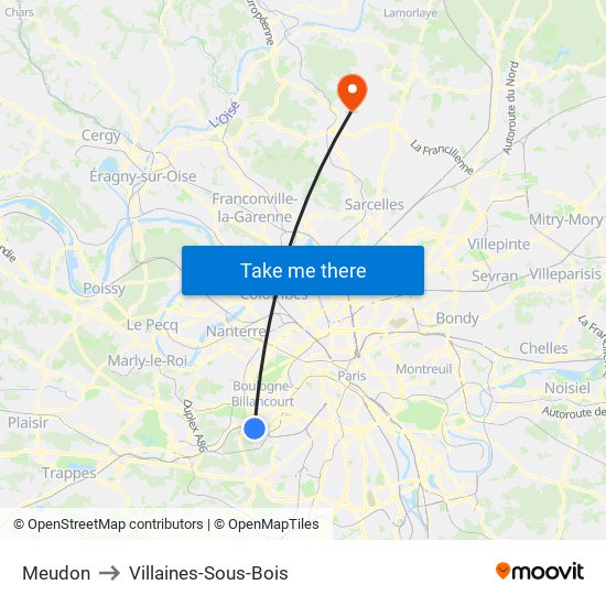Meudon to Villaines-Sous-Bois map