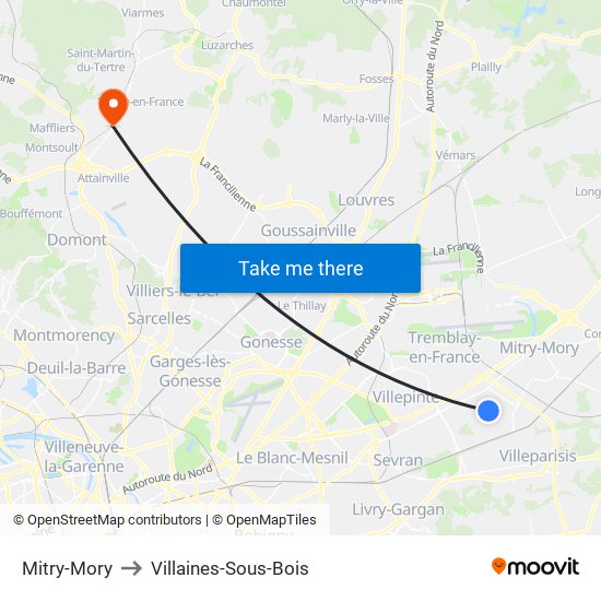 Mitry-Mory to Villaines-Sous-Bois map