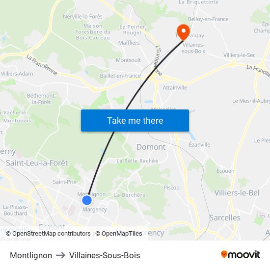 Montlignon to Villaines-Sous-Bois map