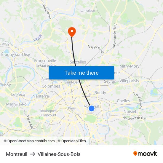 Montreuil to Villaines-Sous-Bois map