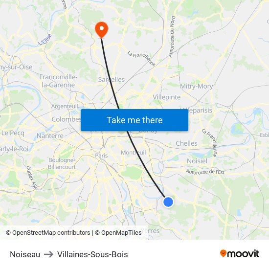 Noiseau to Villaines-Sous-Bois map