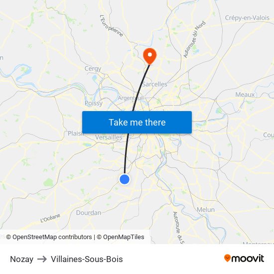 Nozay to Villaines-Sous-Bois map