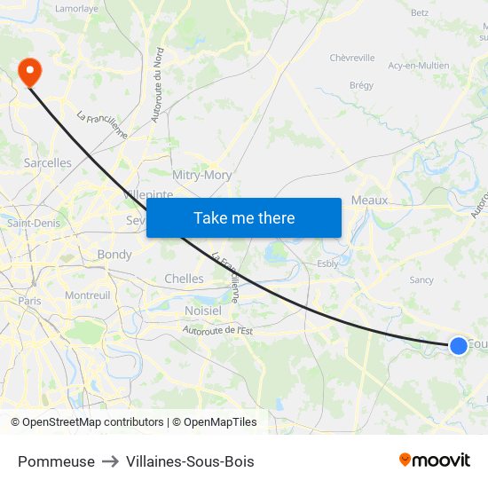 Pommeuse to Villaines-Sous-Bois map