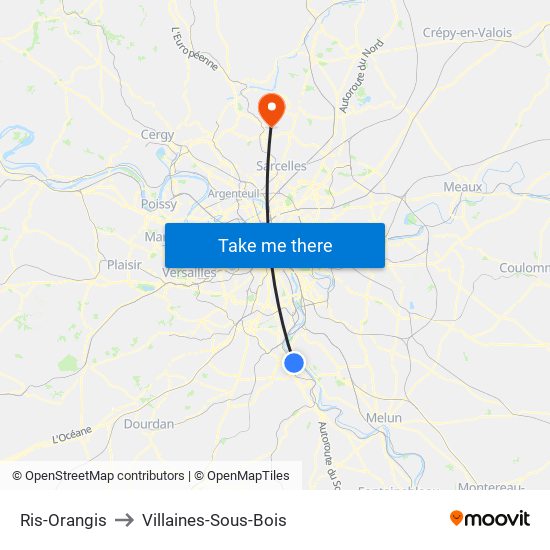Ris-Orangis to Villaines-Sous-Bois map