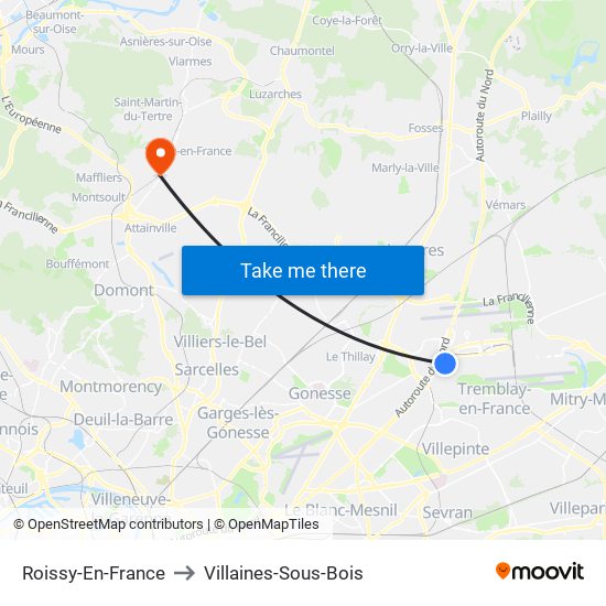 Roissy-En-France to Villaines-Sous-Bois map
