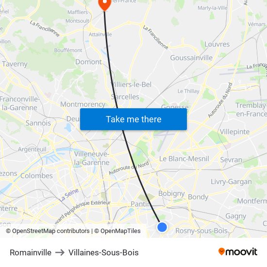 Romainville to Villaines-Sous-Bois map
