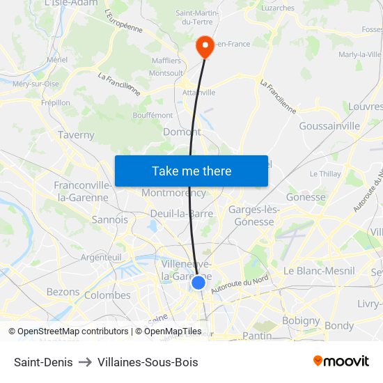 Saint-Denis to Villaines-Sous-Bois map