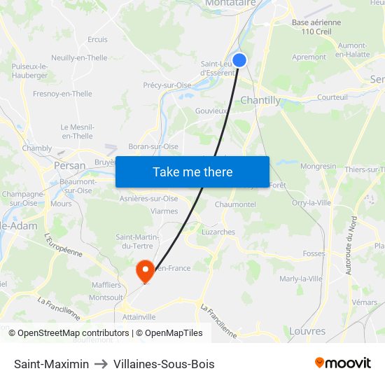 Saint-Maximin to Villaines-Sous-Bois map