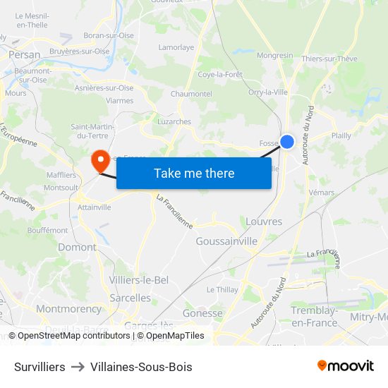 Survilliers to Villaines-Sous-Bois map