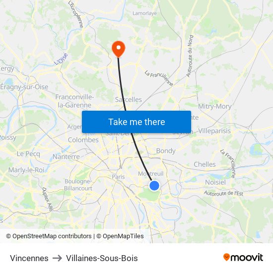 Vincennes to Villaines-Sous-Bois map