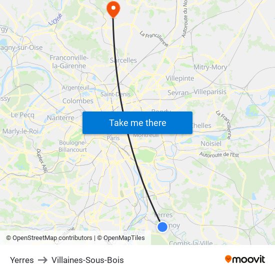 Yerres to Villaines-Sous-Bois map