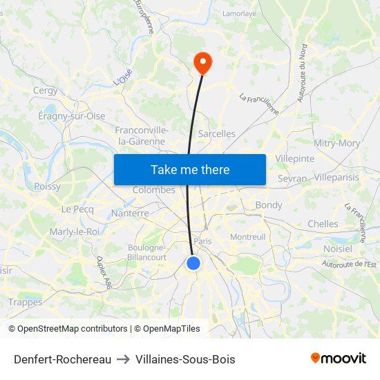 Denfert-Rochereau to Villaines-Sous-Bois map
