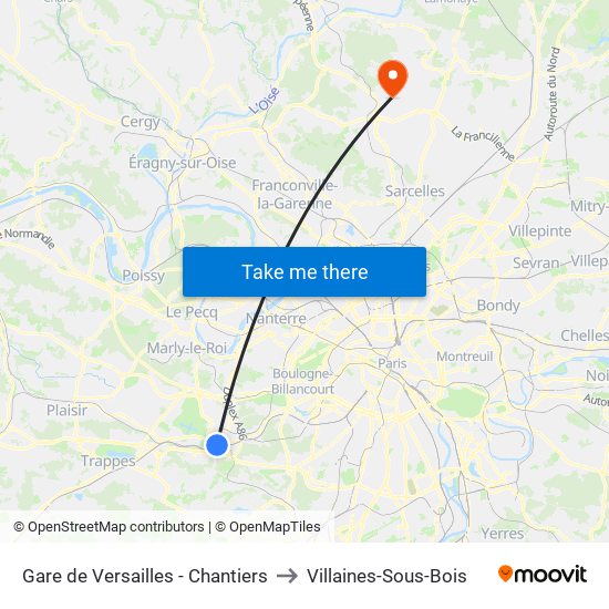 Gare de Versailles - Chantiers to Villaines-Sous-Bois map