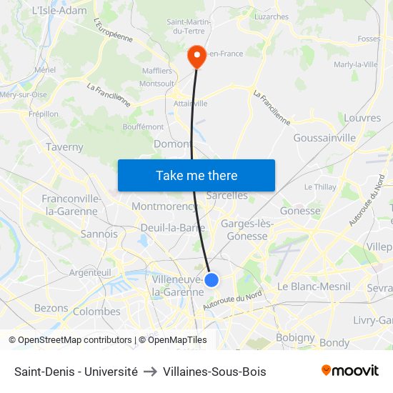 Saint-Denis - Université to Villaines-Sous-Bois map