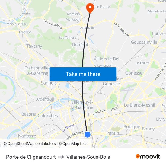 Porte de Clignancourt to Villaines-Sous-Bois map