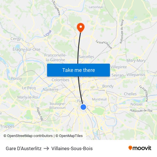 Gare D'Austerlitz to Villaines-Sous-Bois map