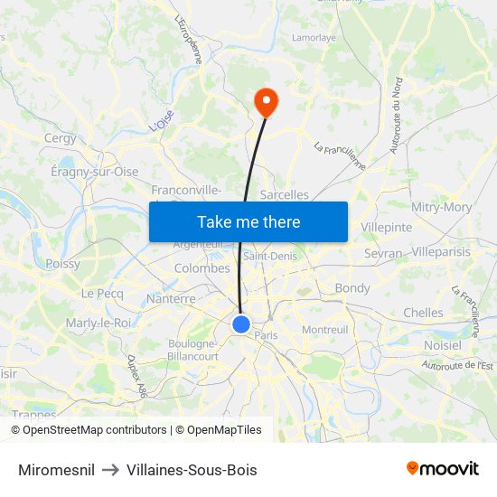 Miromesnil to Villaines-Sous-Bois map