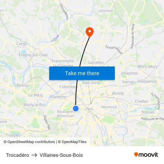 Trocadéro to Villaines-Sous-Bois map