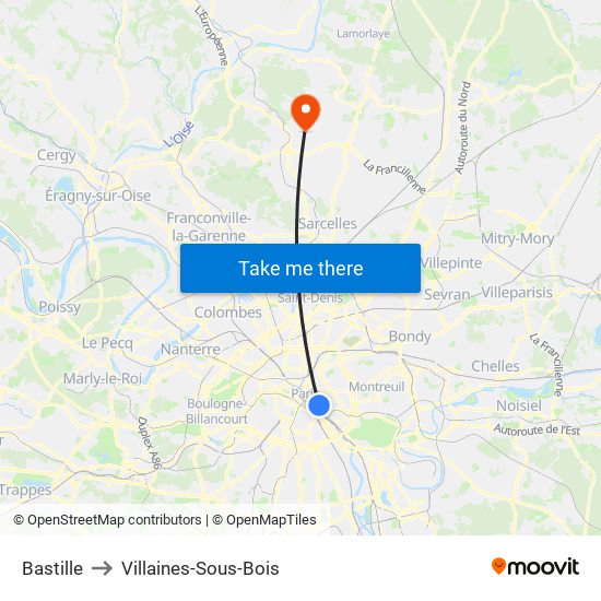 Bastille to Villaines-Sous-Bois map