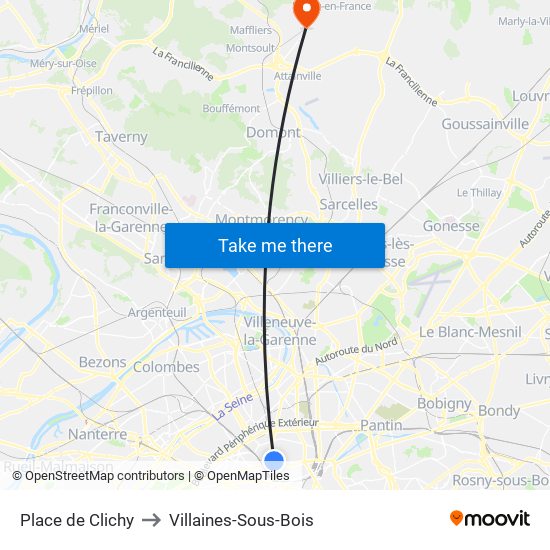 Place de Clichy to Villaines-Sous-Bois map