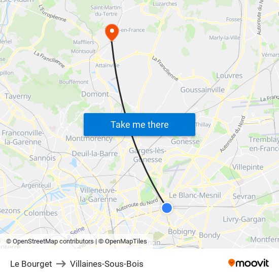 Le Bourget to Villaines-Sous-Bois map