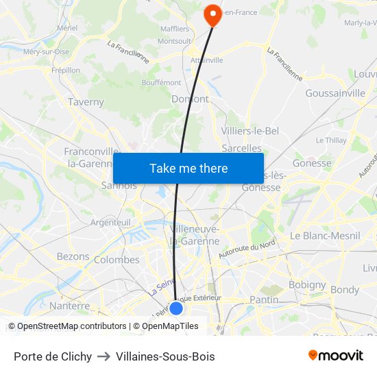 Porte de Clichy to Villaines-Sous-Bois map