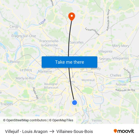 Villejuif - Louis Aragon to Villaines-Sous-Bois map