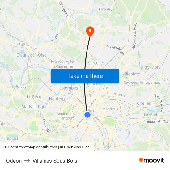 Odéon to Villaines-Sous-Bois map