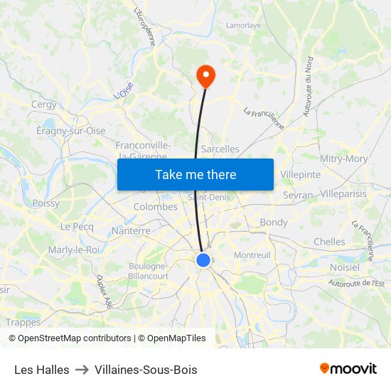 Les Halles to Villaines-Sous-Bois map