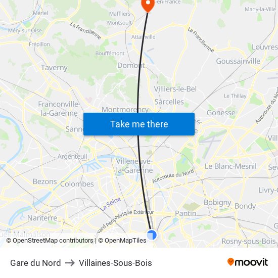 Gare du Nord to Villaines-Sous-Bois map
