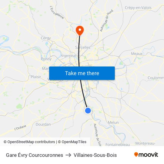 Gare Évry Courcouronnes to Villaines-Sous-Bois map