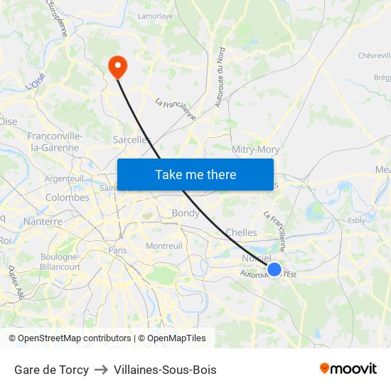 Gare de Torcy to Villaines-Sous-Bois map