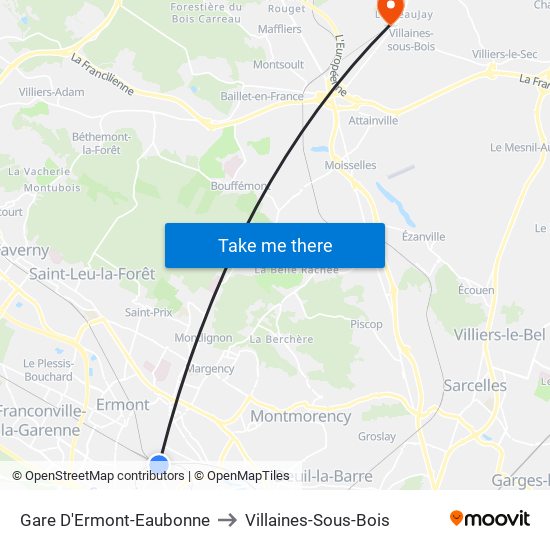 Gare D'Ermont-Eaubonne to Villaines-Sous-Bois map