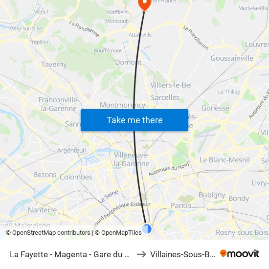 La Fayette - Magenta - Gare du Nord to Villaines-Sous-Bois map