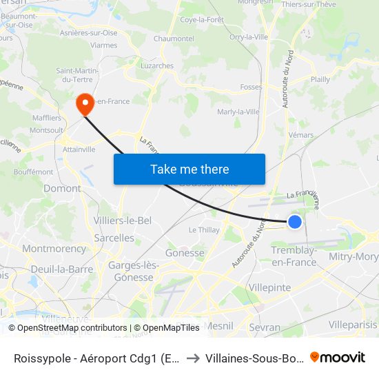 Roissypole - Aéroport Cdg1 (E2) to Villaines-Sous-Bois map